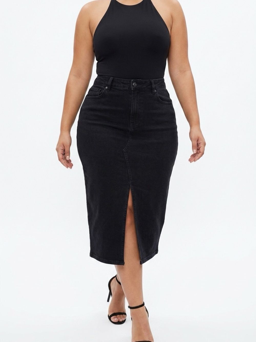 CHARLIE B | Black High-Rise Midi Pencil Skirt with Front Slit Women’s Size 2